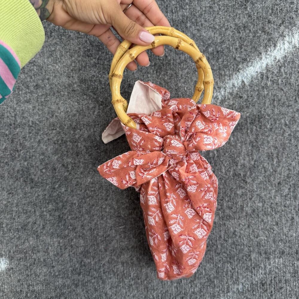 Emily Levine Dumpling Bamboo Handles Tote Bag Rust Floral Cotton Ring Boho